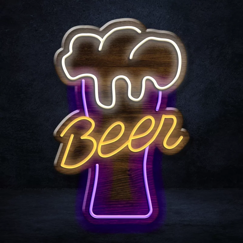 A Beer Glass LED Neon Sign glowing in shades of red, blue, and yellow. The sign is designed in the shape of a beer glass, with the word "beer" written in bold letters across it