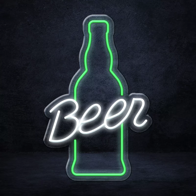 Beer Bottle LED Neon Sign, glowing in shades of green, white, and yellow. The sign is designed in the shape of a beer bottle, with the word "beer" written in bold letters across it.