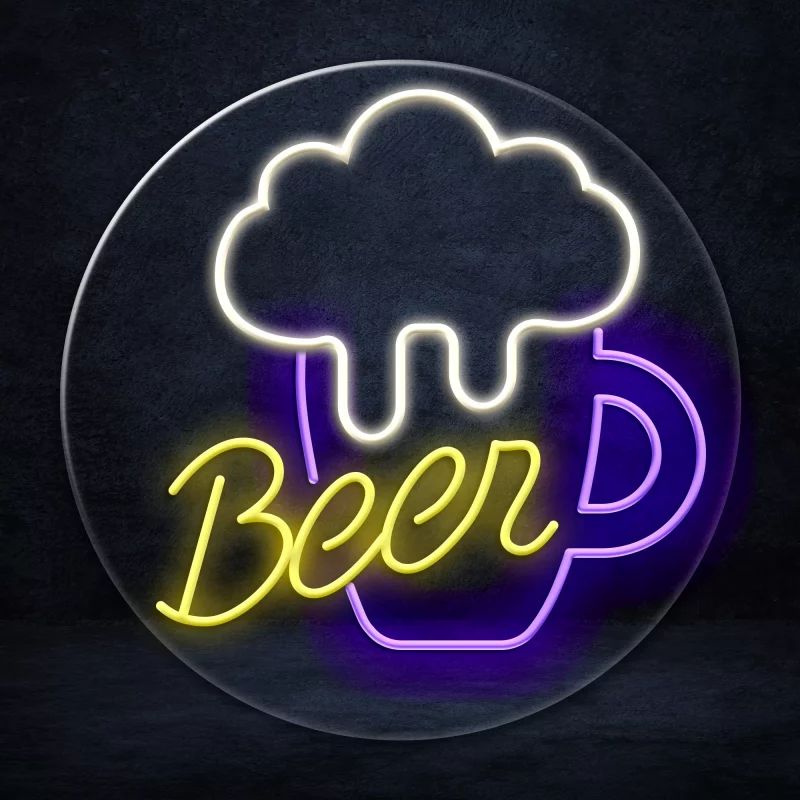 A bright Beer Cup LED neon sign in the shape of a beer cup with frothy foam on top and text
