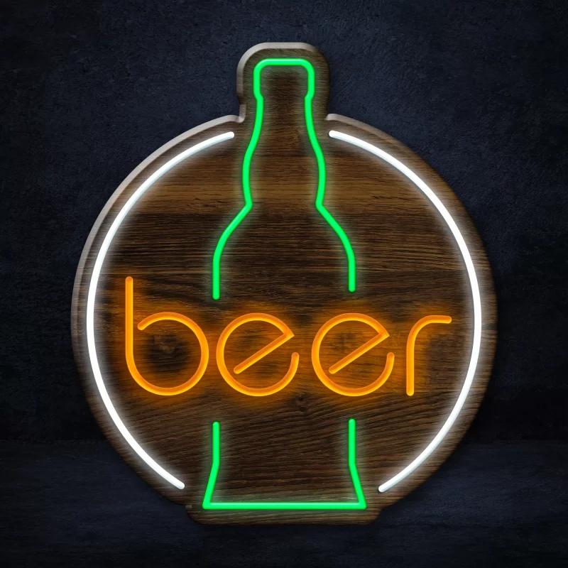 Beer Bottle LED Neon Sign, with a glowing amber-colored liquid inside and a frothy white top. The sign is mounted on a black background and emits a warm and inviting light